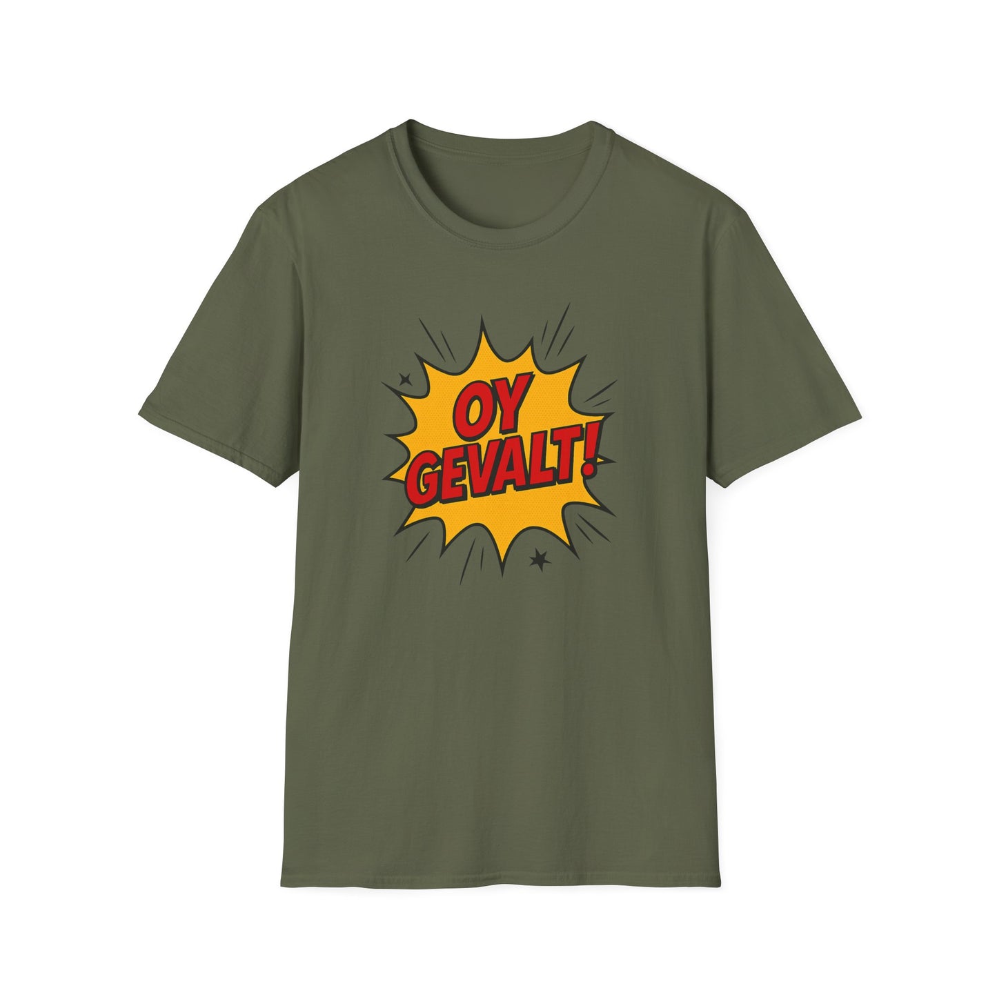Green t-shirt with 'OY GEVALT!' graphic on a white background