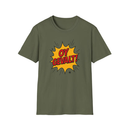 Green t-shirt with 'OY GEVALT!' graphic on a white background