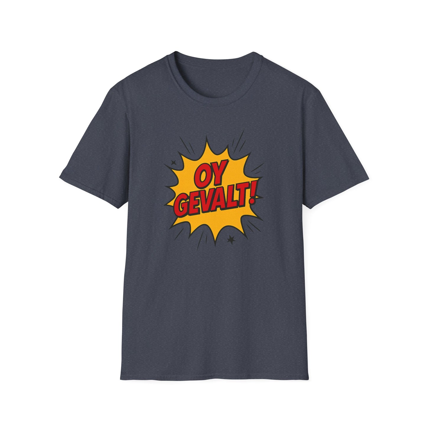 Gray t-shirt with 'OY GEVALT!' graphic on a white background