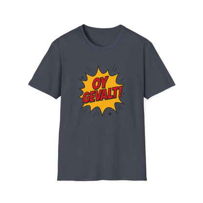 Gray t-shirt with 'OY GEVALT!' graphic on a white background