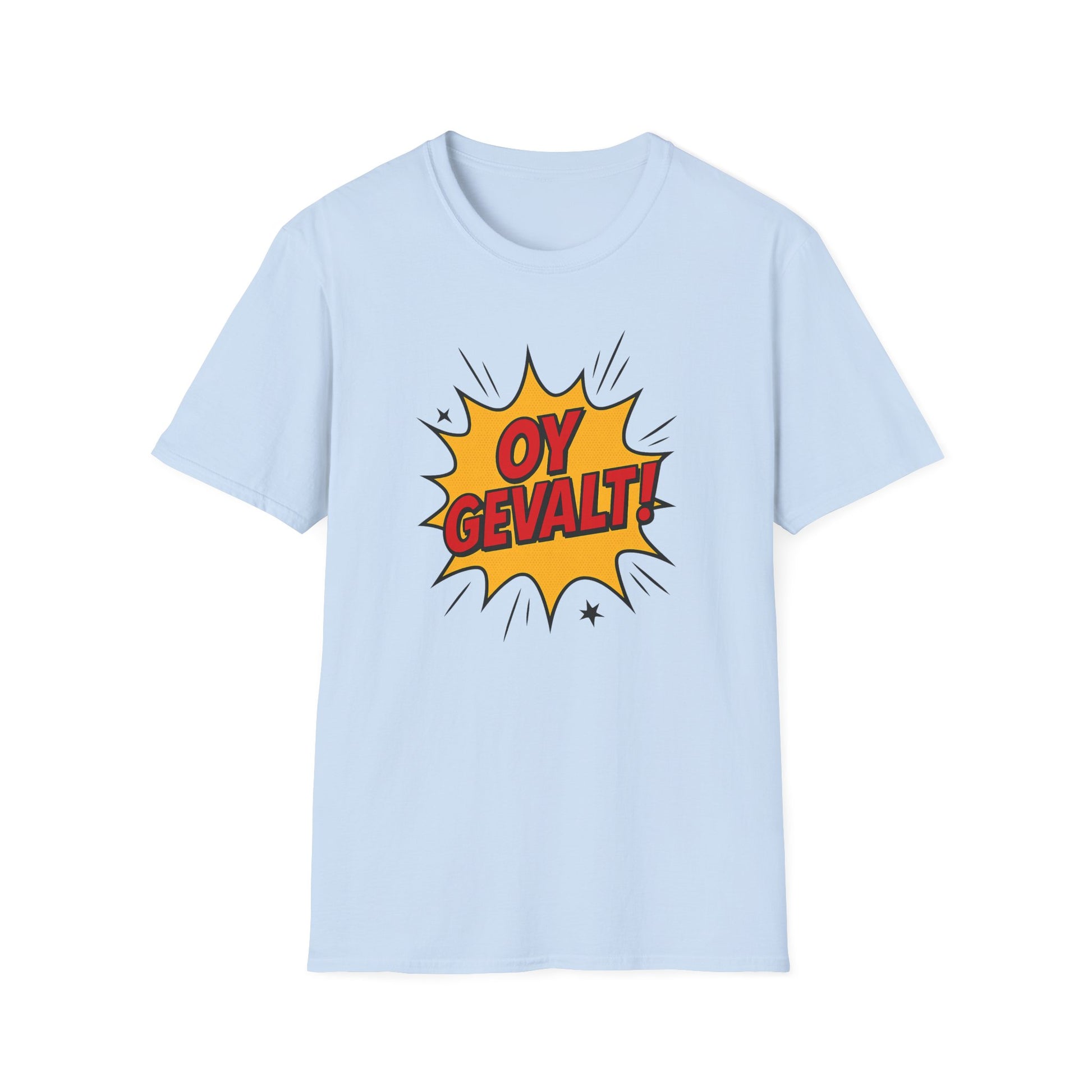 Light blue t-shirt with 'OY GEVALT!' graphic on a white background