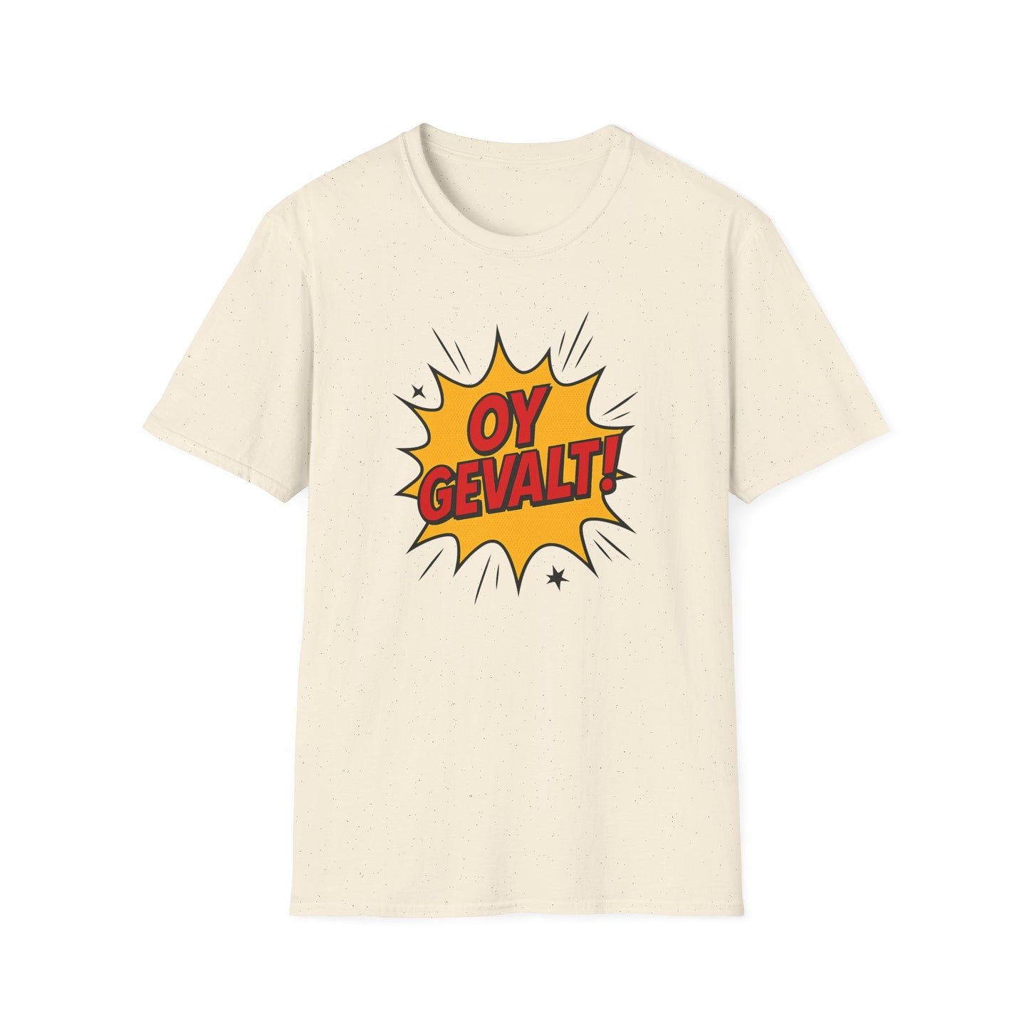 Beige t-shirt with 'OY GEVALT!' graphic on a white background