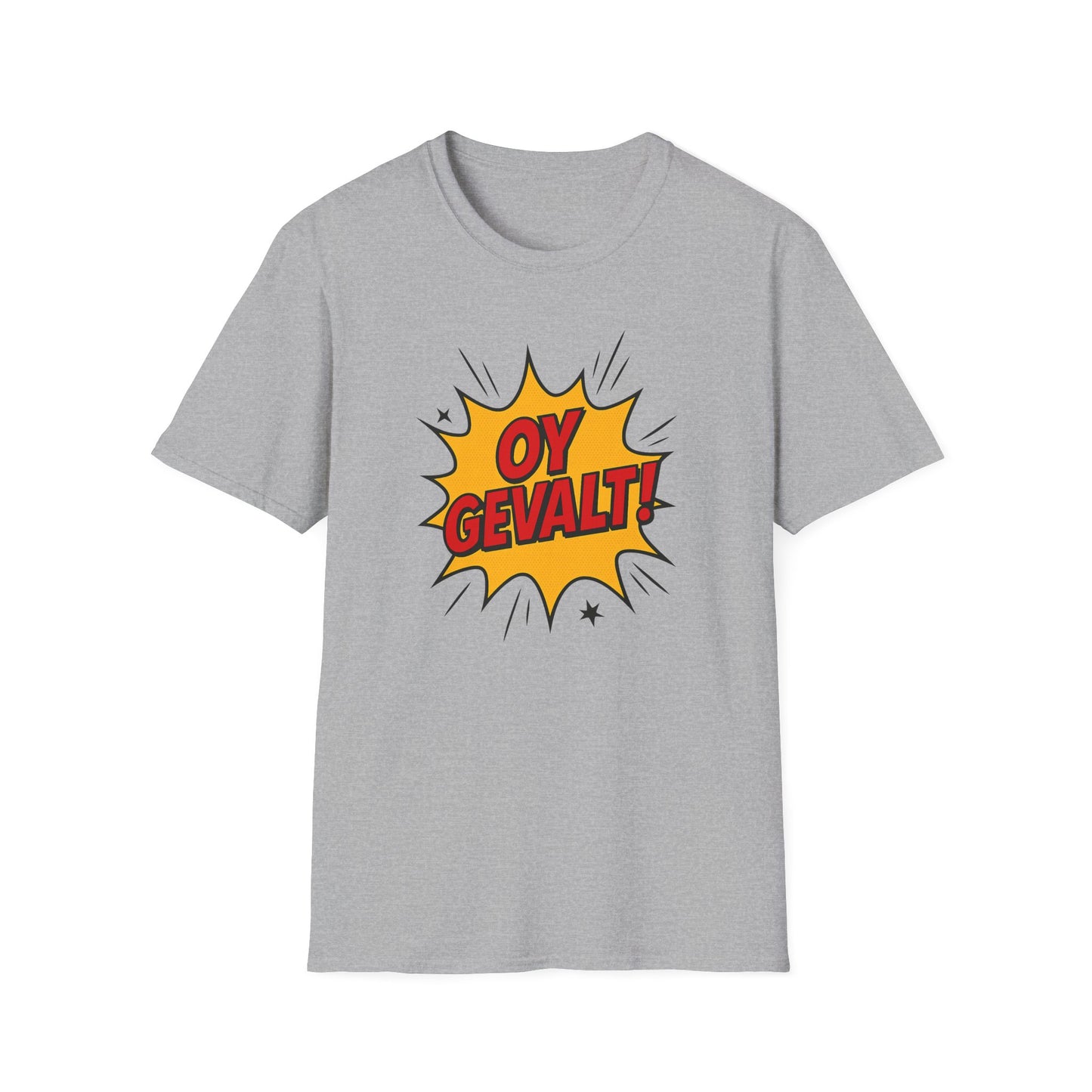 Gray t-shirt with a yellow comic-style bubble featuring 'OY GEVALT!' text on a white background