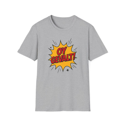 Gray t-shirt with a yellow comic-style bubble featuring 'OY GEVALT!' text on a white background