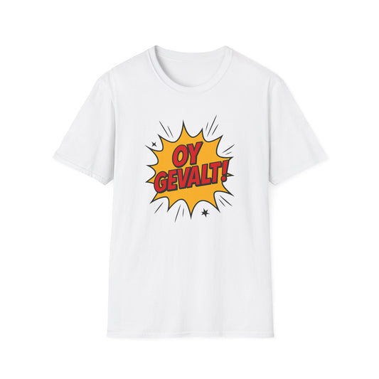White t-shirt with 'OY GEVALT!' graphic design on a white background