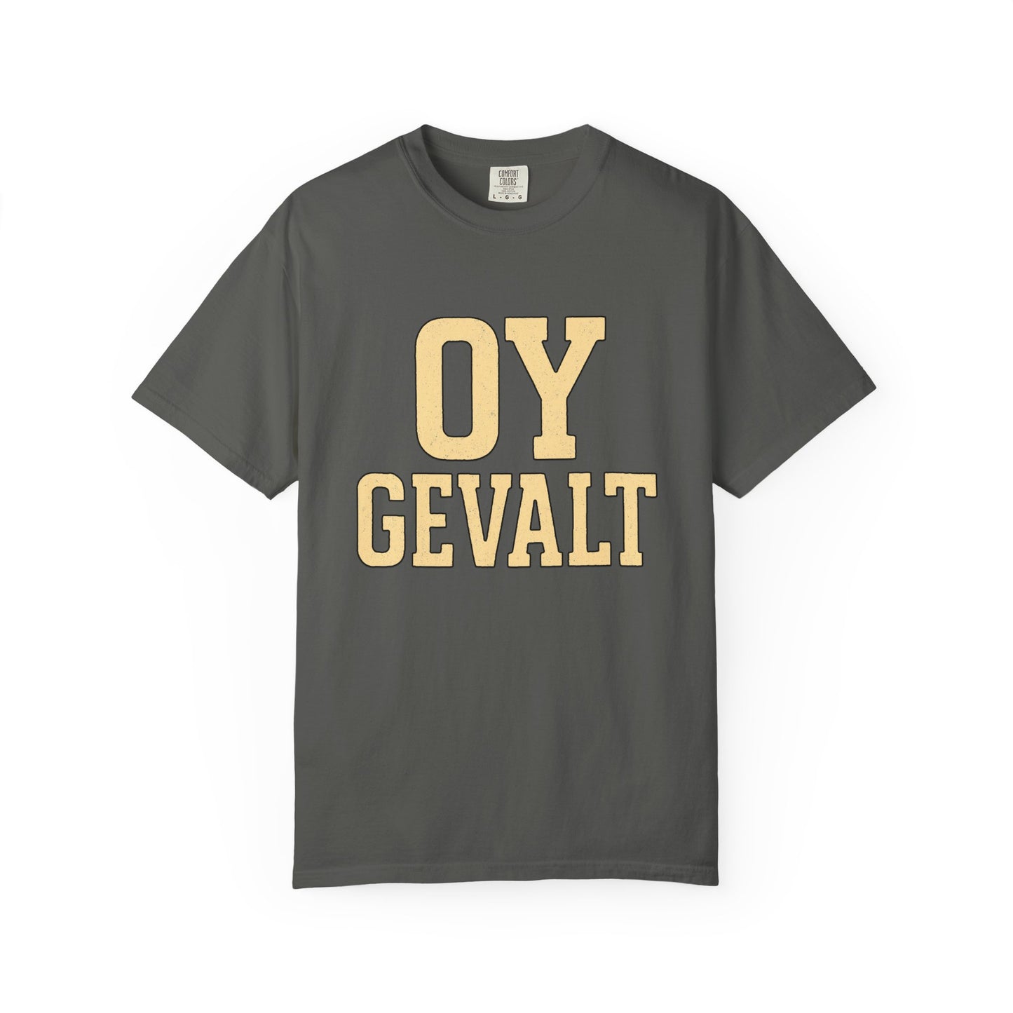 Gray t-shirt with 'OY GEVALT' text in yellow on a white background