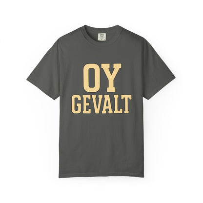 Gray t-shirt with 'OY GEVALT' text in yellow on a white background