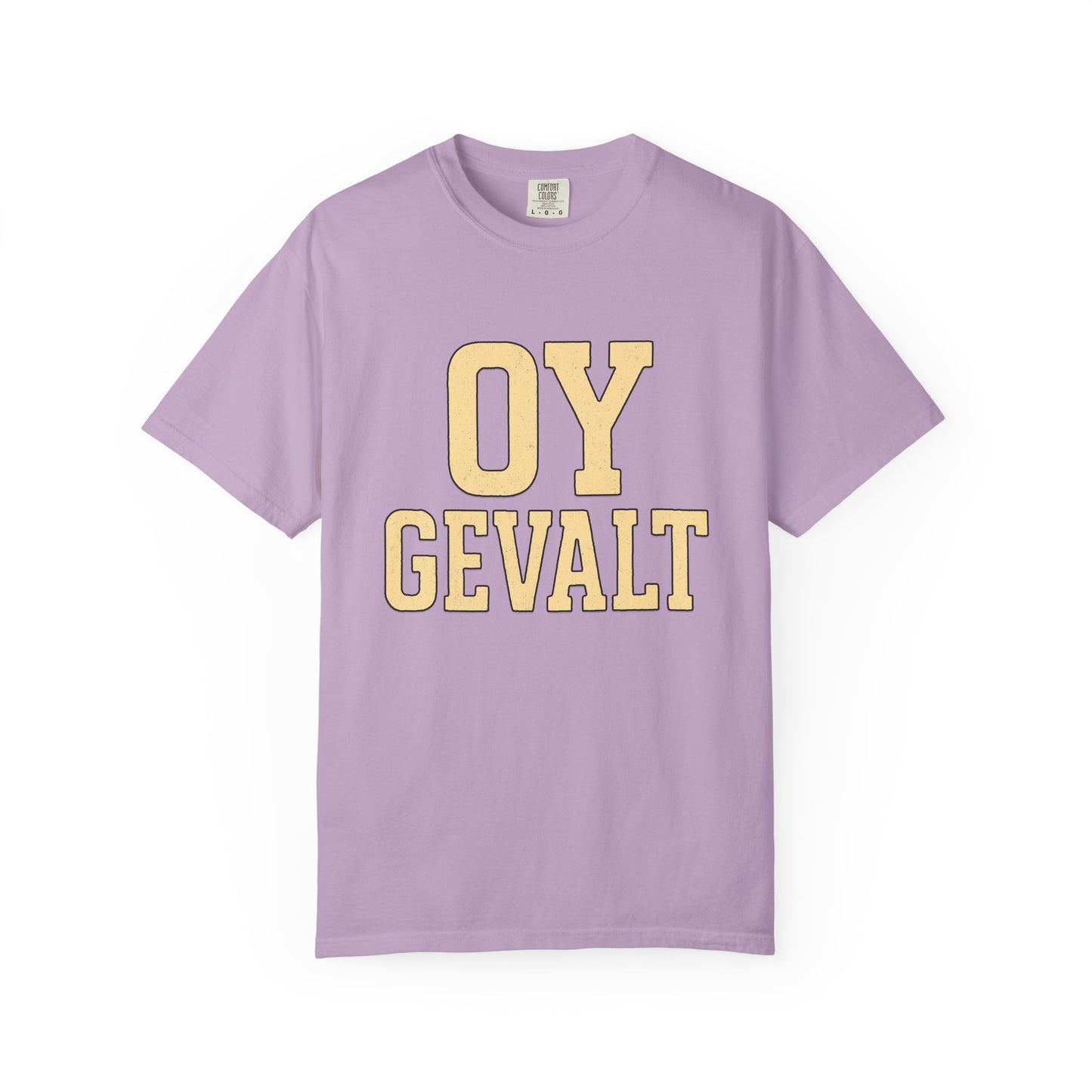 Lavender t-shirt with 'OY GEVALT' text in yellow on a white background