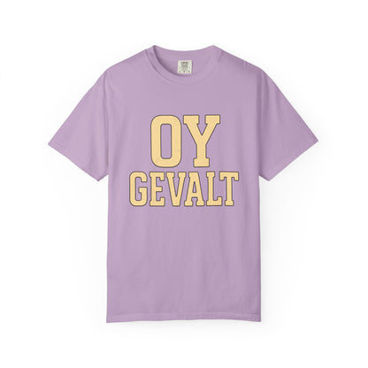 Lavender t-shirt with 'OY GEVALT' text in yellow on a white background