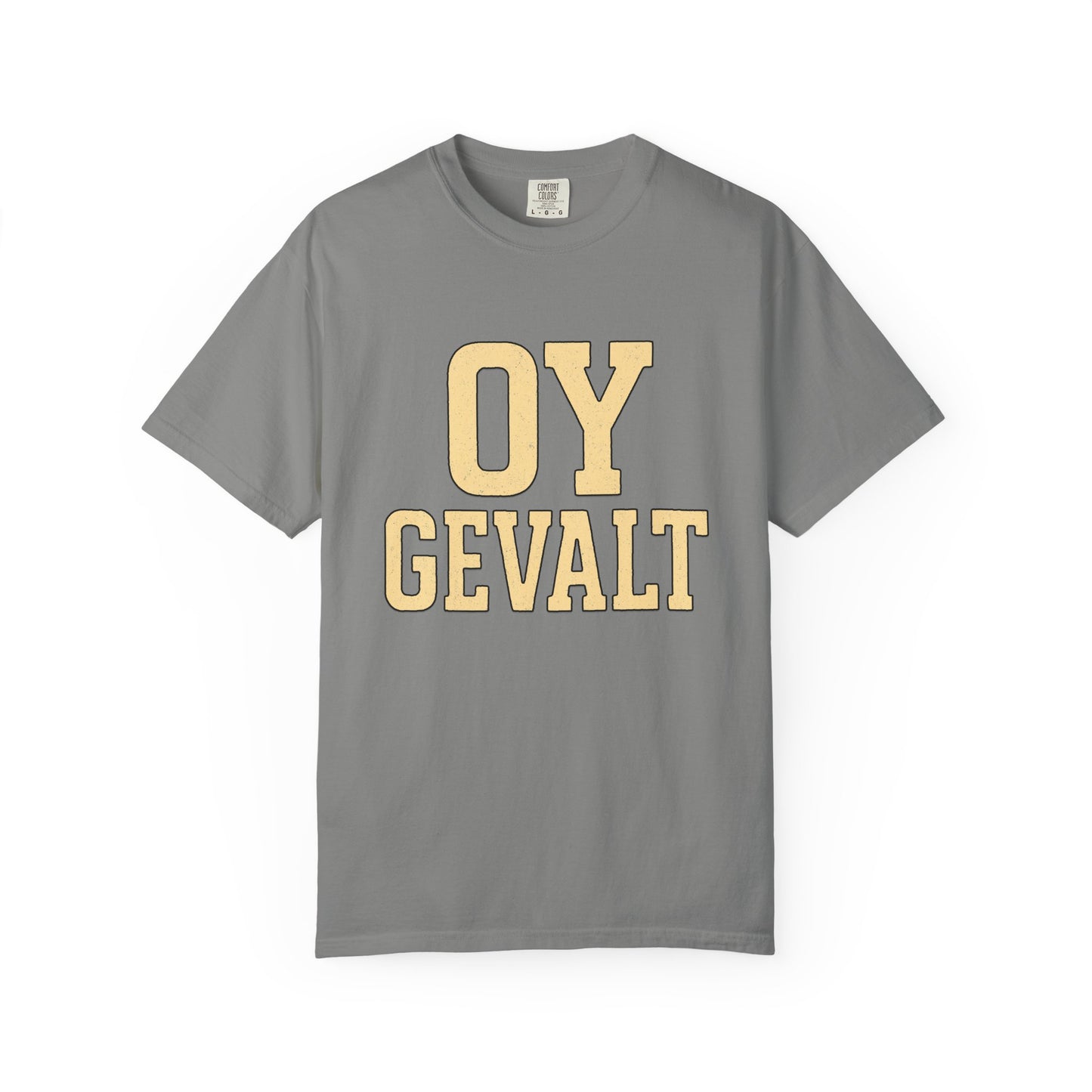 Gray t-shirt with 'OY GEVALT' text in yellow on a white background