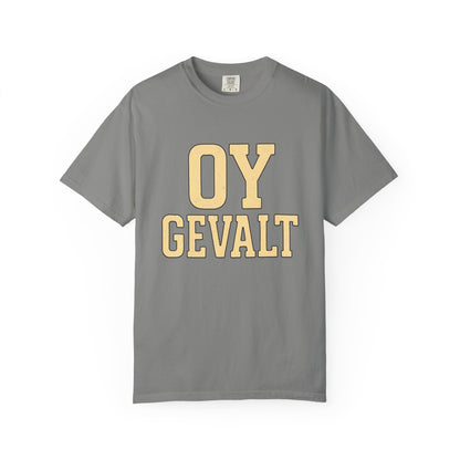 Gray t-shirt with 'OY GEVALT' text in yellow on a white background