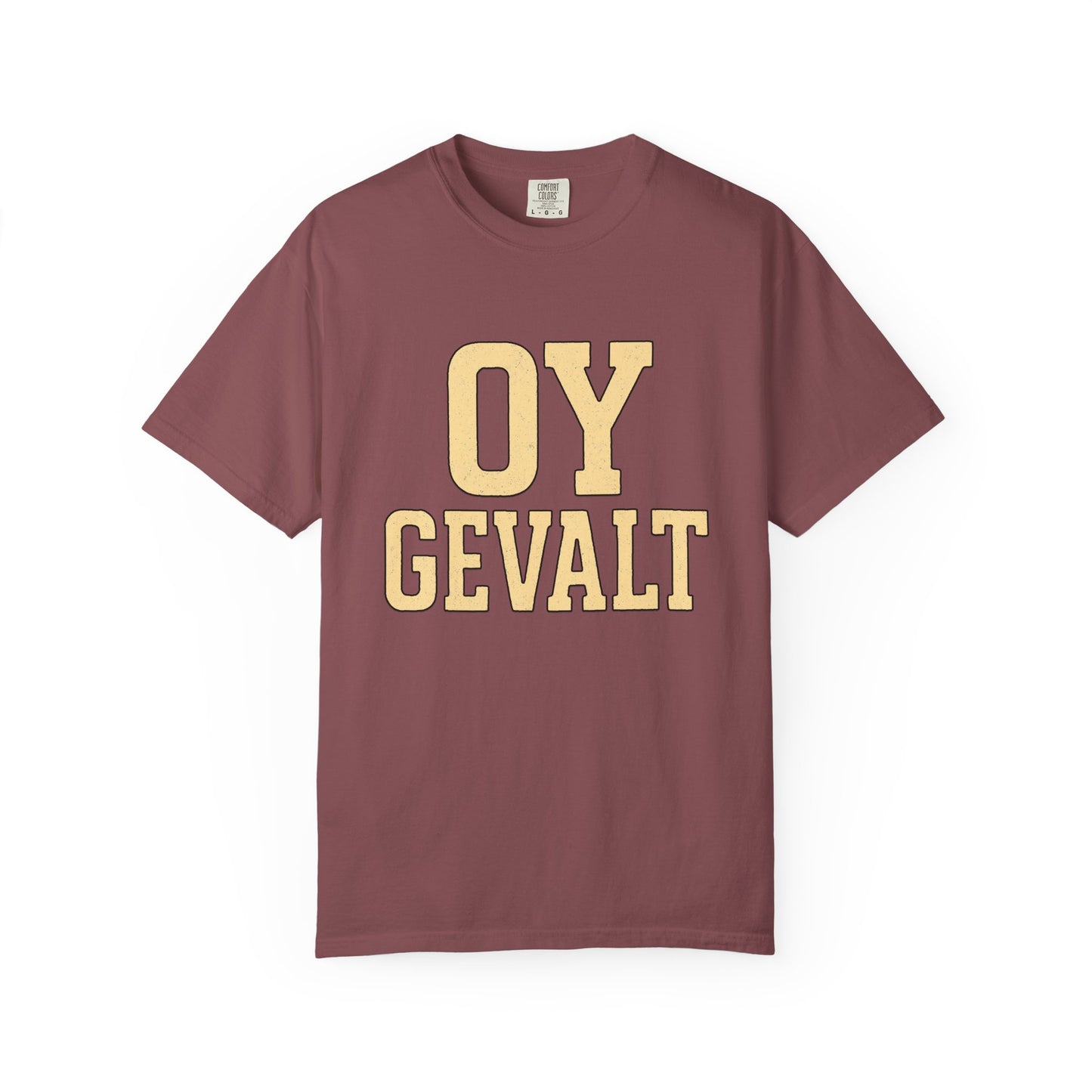Maroon t-shirt with 'OY GEVALT' in yellow text on a white background