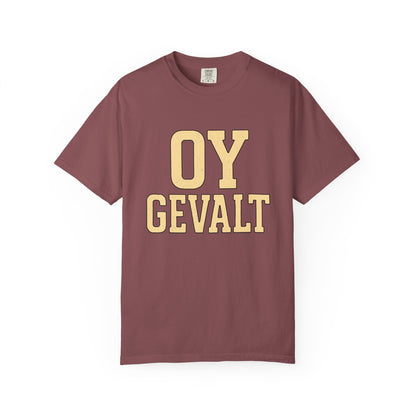 Maroon t-shirt with 'OY GEVALT' in yellow text on a white background
