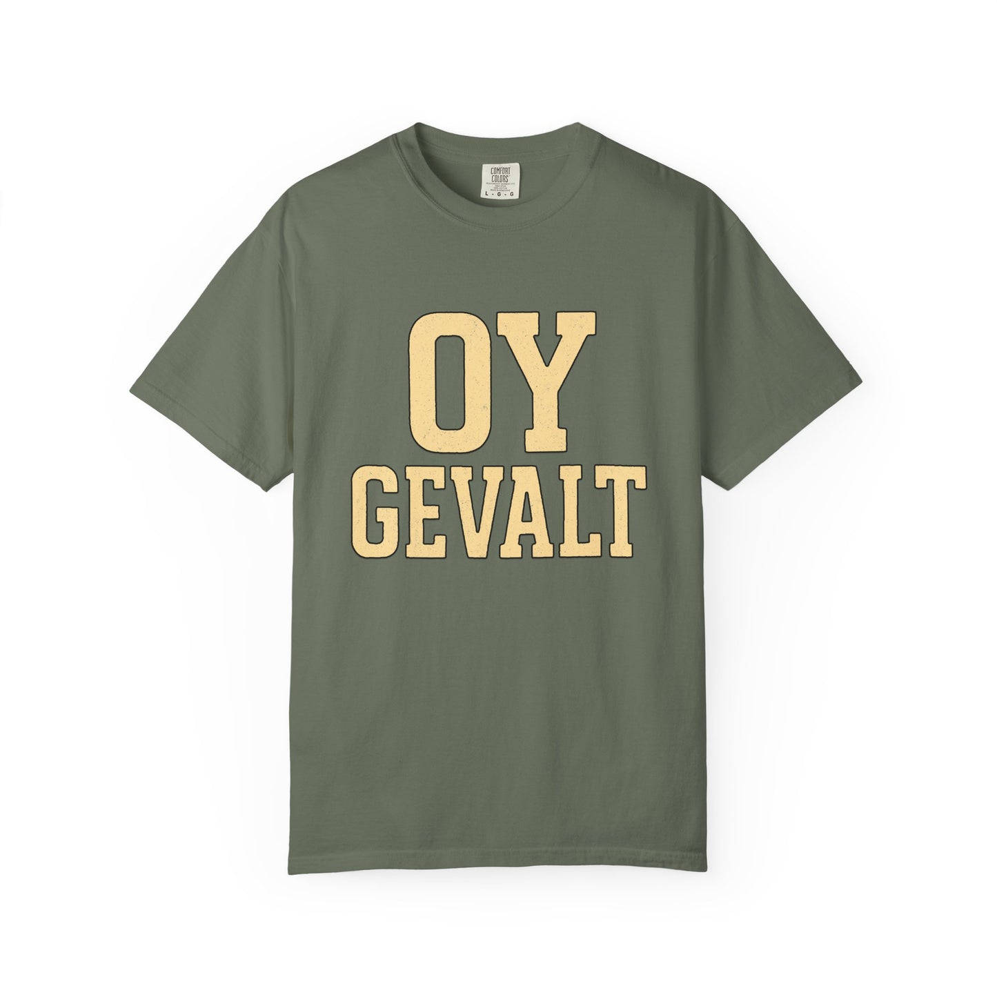 Green t-shirt with 'OY GEVALT' text on a white background