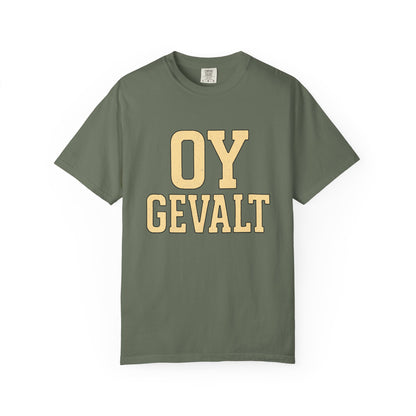 Green t-shirt with 'OY GEVALT' text on a white background