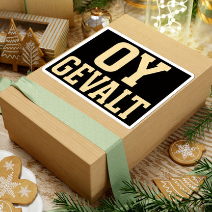 Wooden gift box with a black sign displaying 'OY GEVALT' surrounded by Christmas decorations.