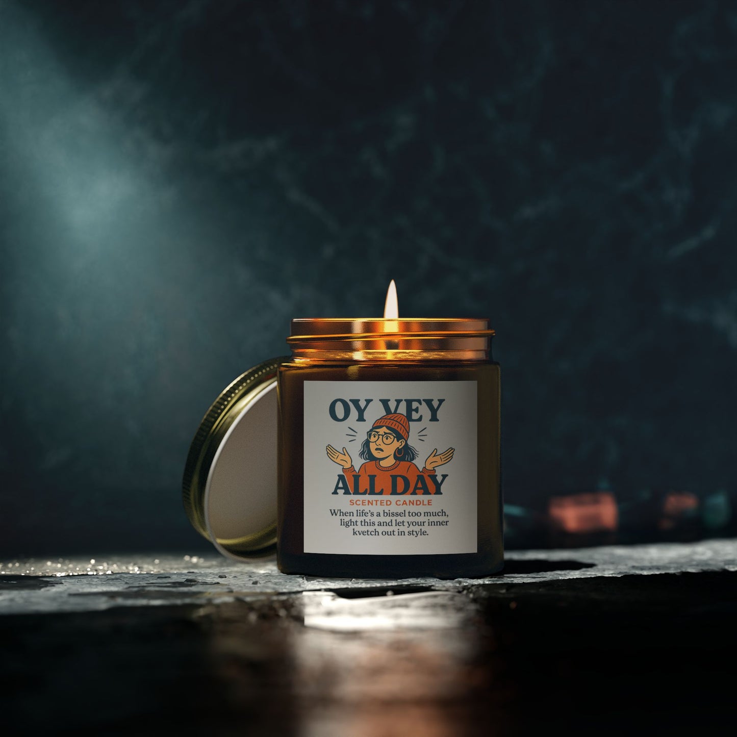 Candle in a jar with a label on a dark background