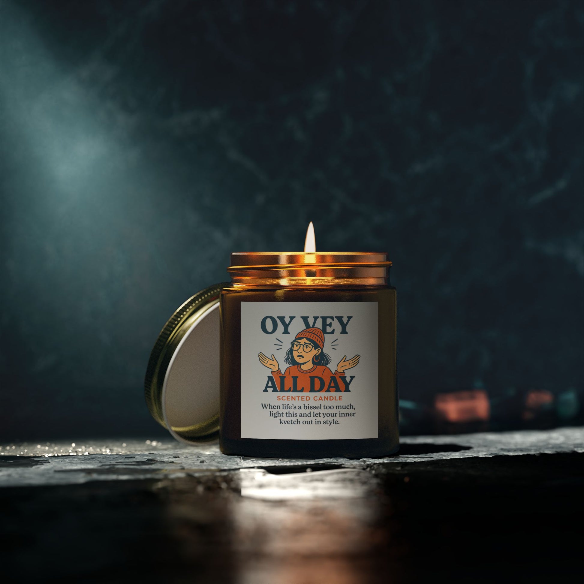 Candle in a jar with a label on a dark background