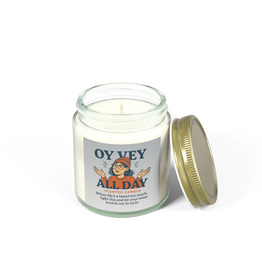 Candle in a glass jar with a label on a white background
