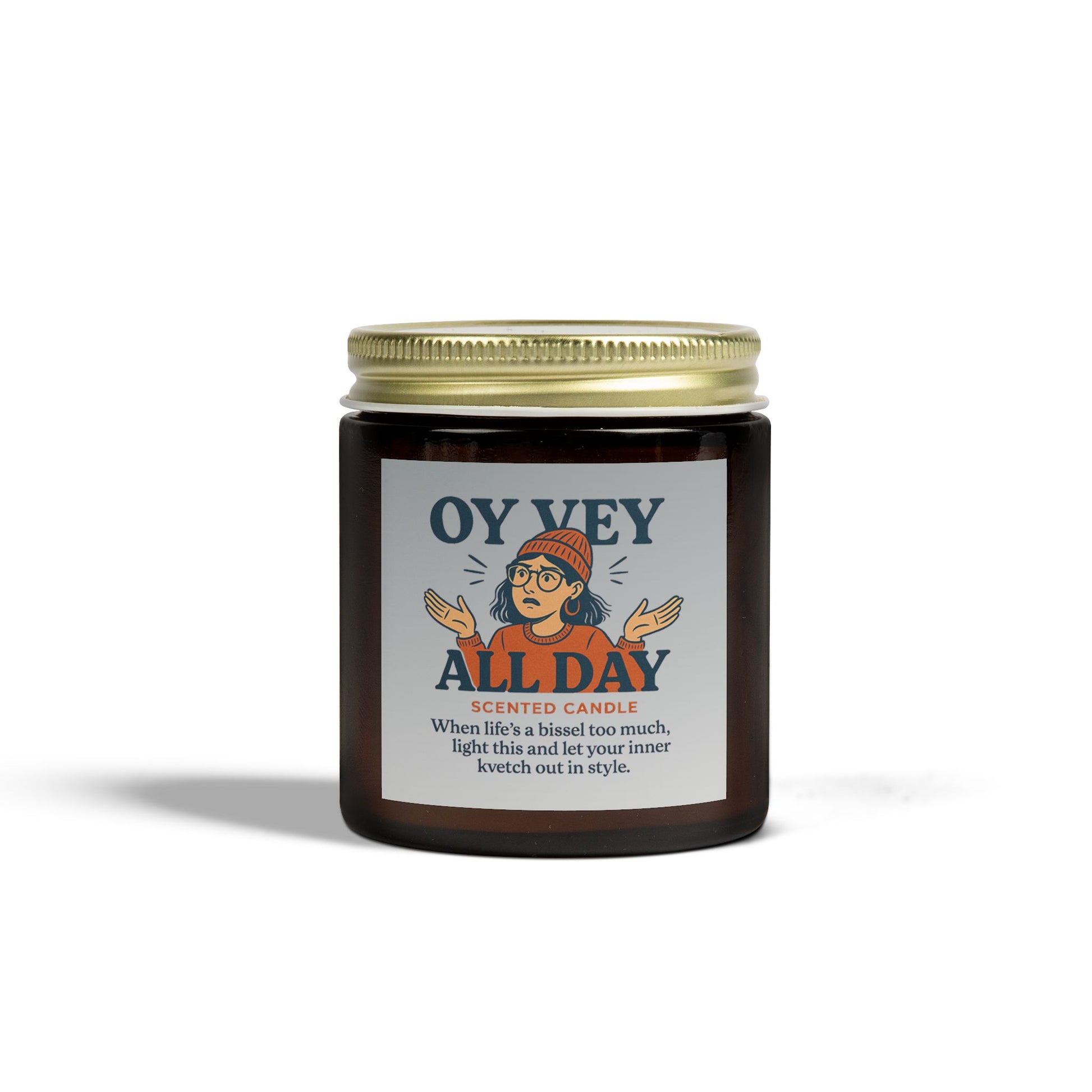 Candle jar with 'OY Vey All Day' label on a white background
