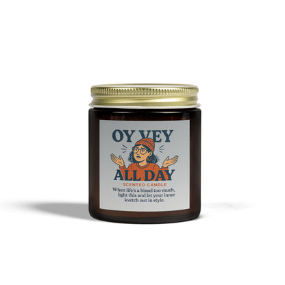 Candle jar with 'OY Vey All Day' label on a white background