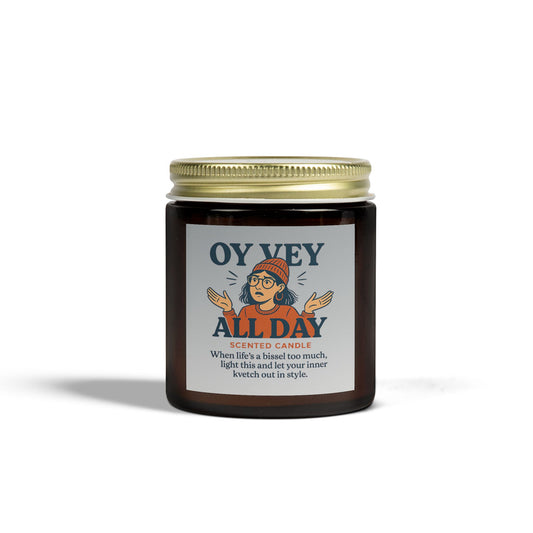 Candle jar with 'OY Vey All Day' label on a white background