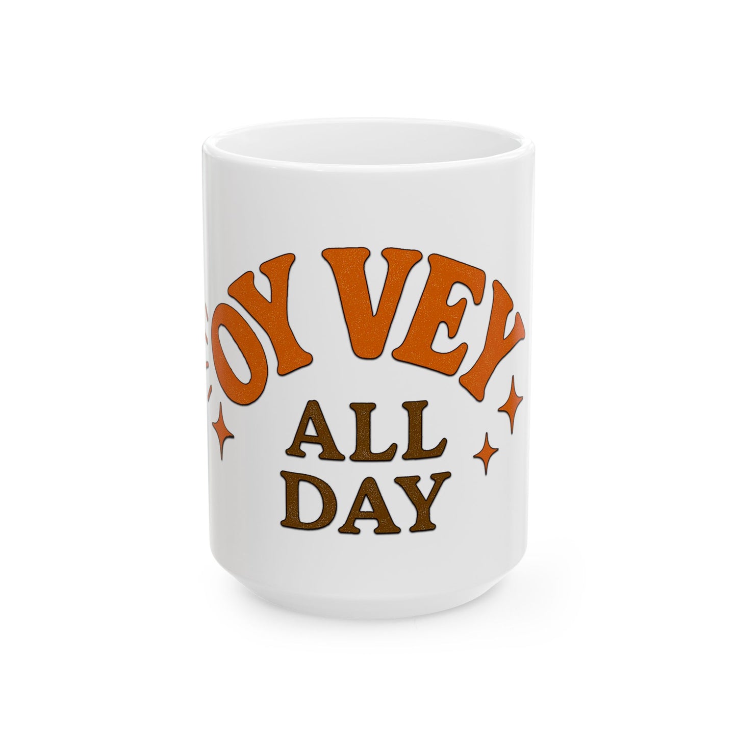 White mug with orange and brown text on a white background