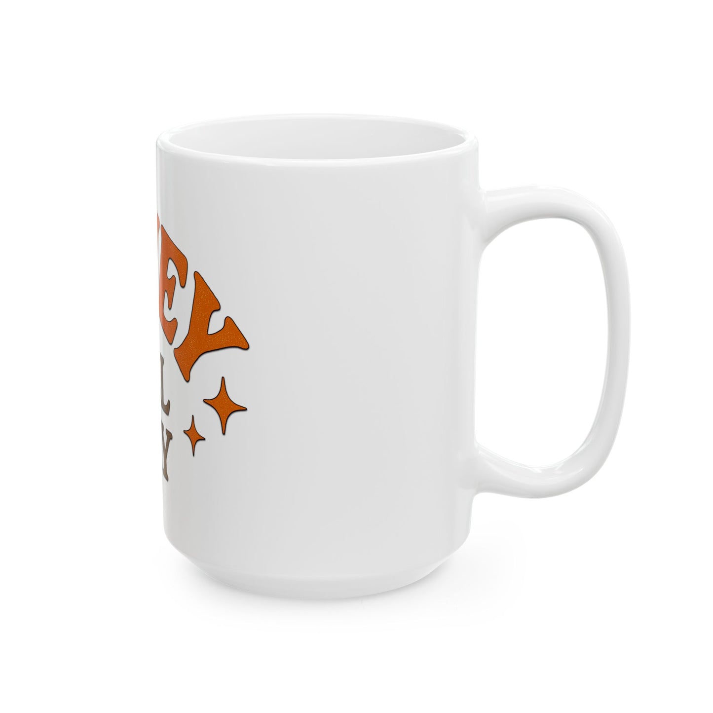 White mug with orange text and stars on a white background