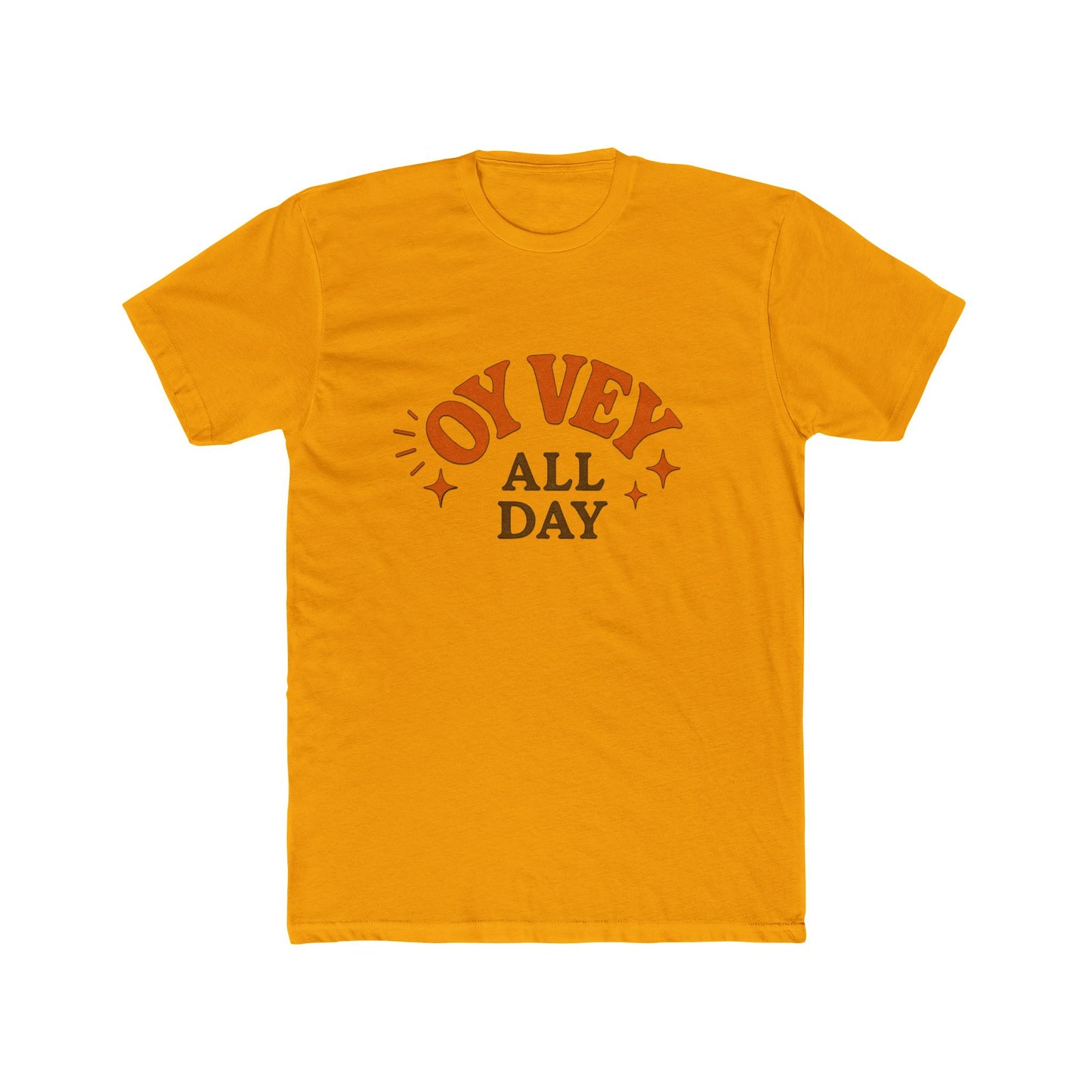 Yellow t-shirt with 'OY Vey All Day' text on a white background