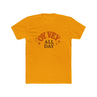Yellow t-shirt with 'OY Vey All Day' text on a white background