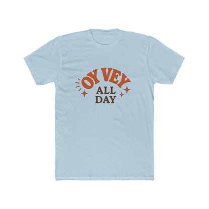 Light blue t-shirt with 'OY Vey All Day' text design on a white background