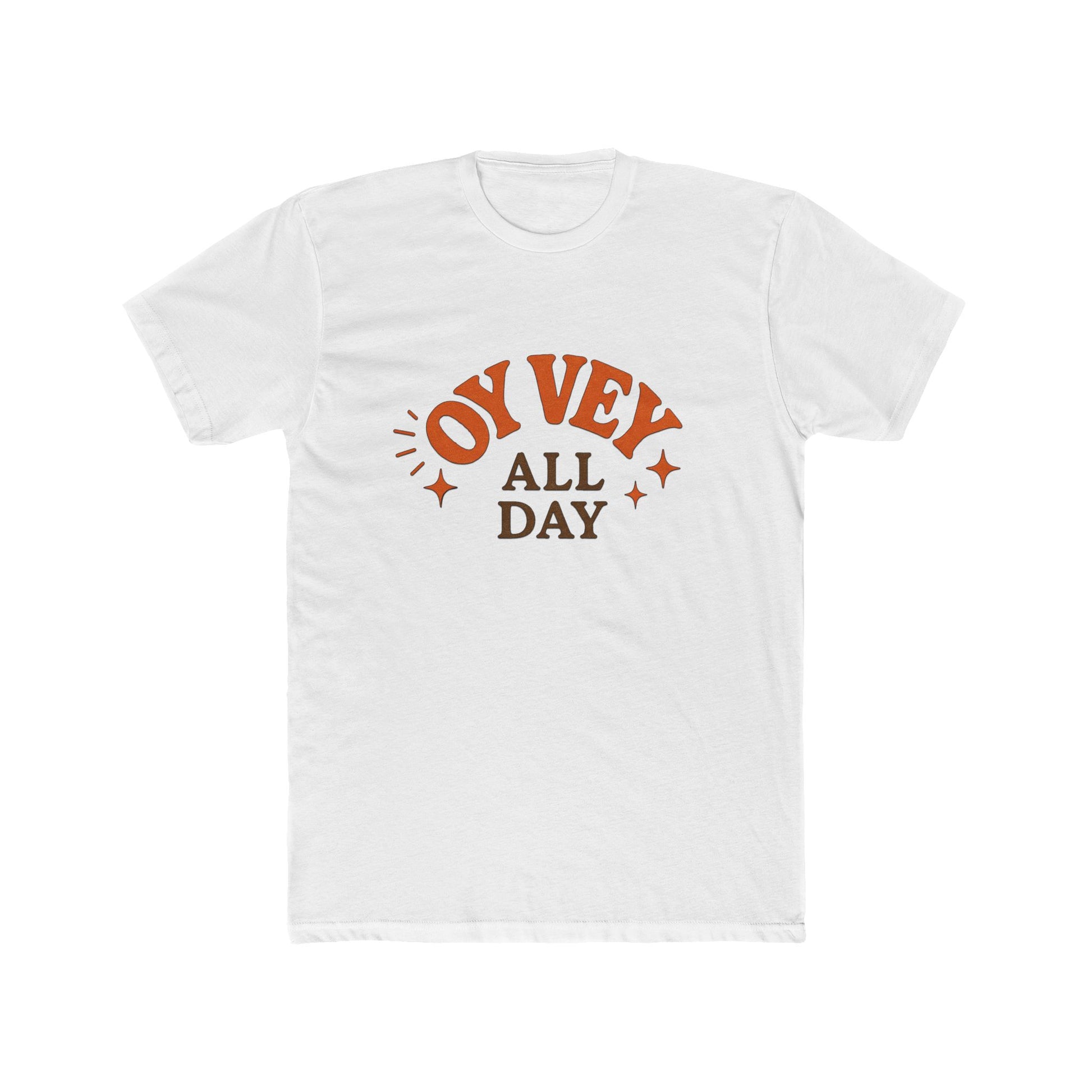White t-shirt with 'OY Vey All Day' text design on a white background