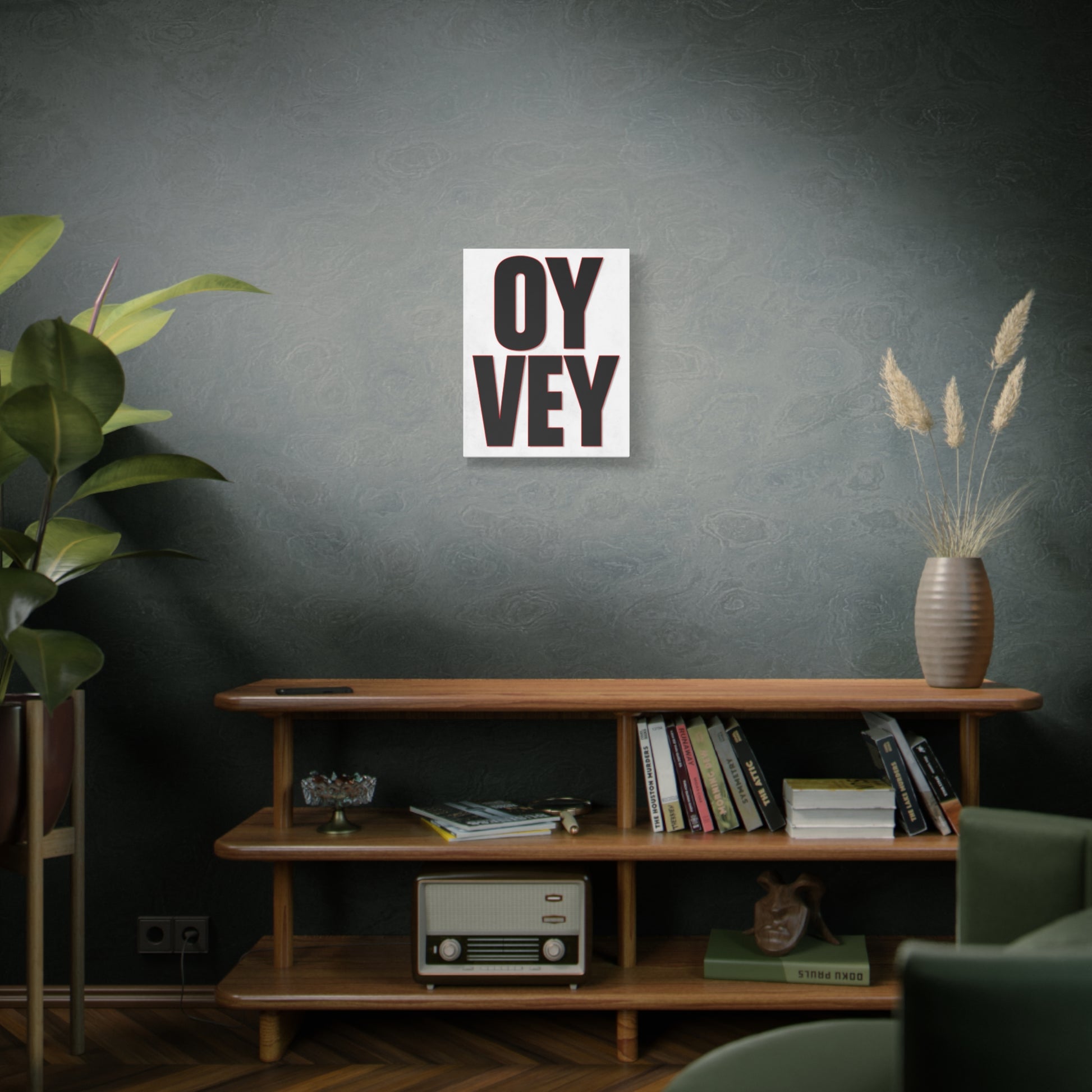 Living room with a shelf, plant, and 'OY Vey' poster on a dark wall.