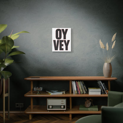 Living room with a shelf, plant, and 'OY Vey' poster on a dark wall.
