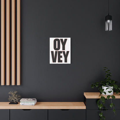 Modern interior with 'OY Vey' poster on a black wall