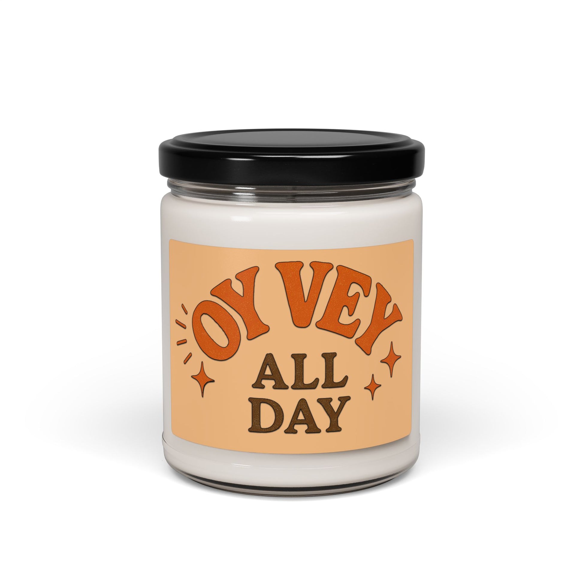 Candle jar with 'Oy Vey All Day' label on a white background