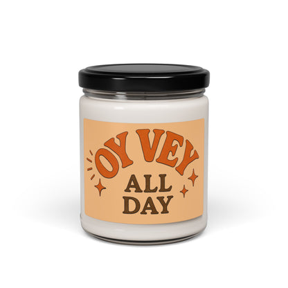 Candle jar with 'Oy Vey All Day' label on a white background
