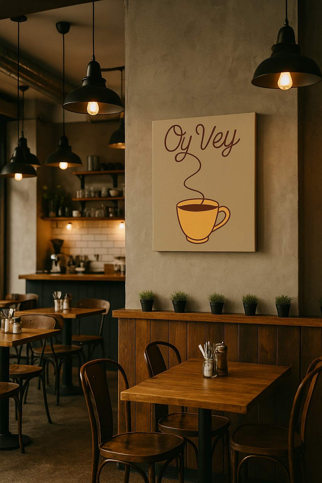 Dining area with wooden tables and chairs, wall art of a coffee cup with 'Oy Vey' text, and hanging lights.
