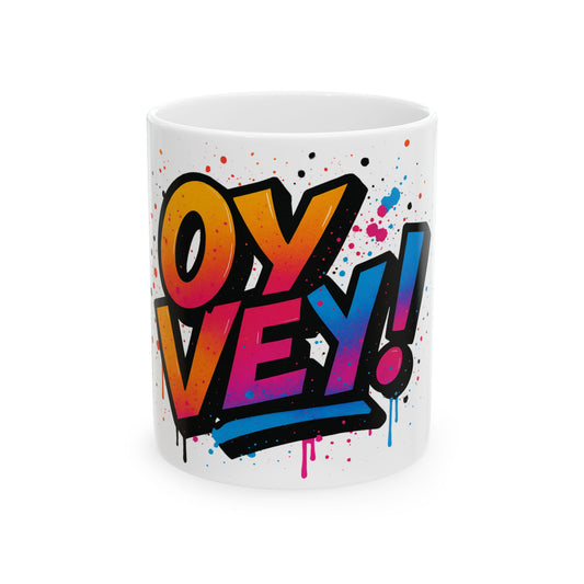 White mug with colorful 'OY Vey!' text design on a white background