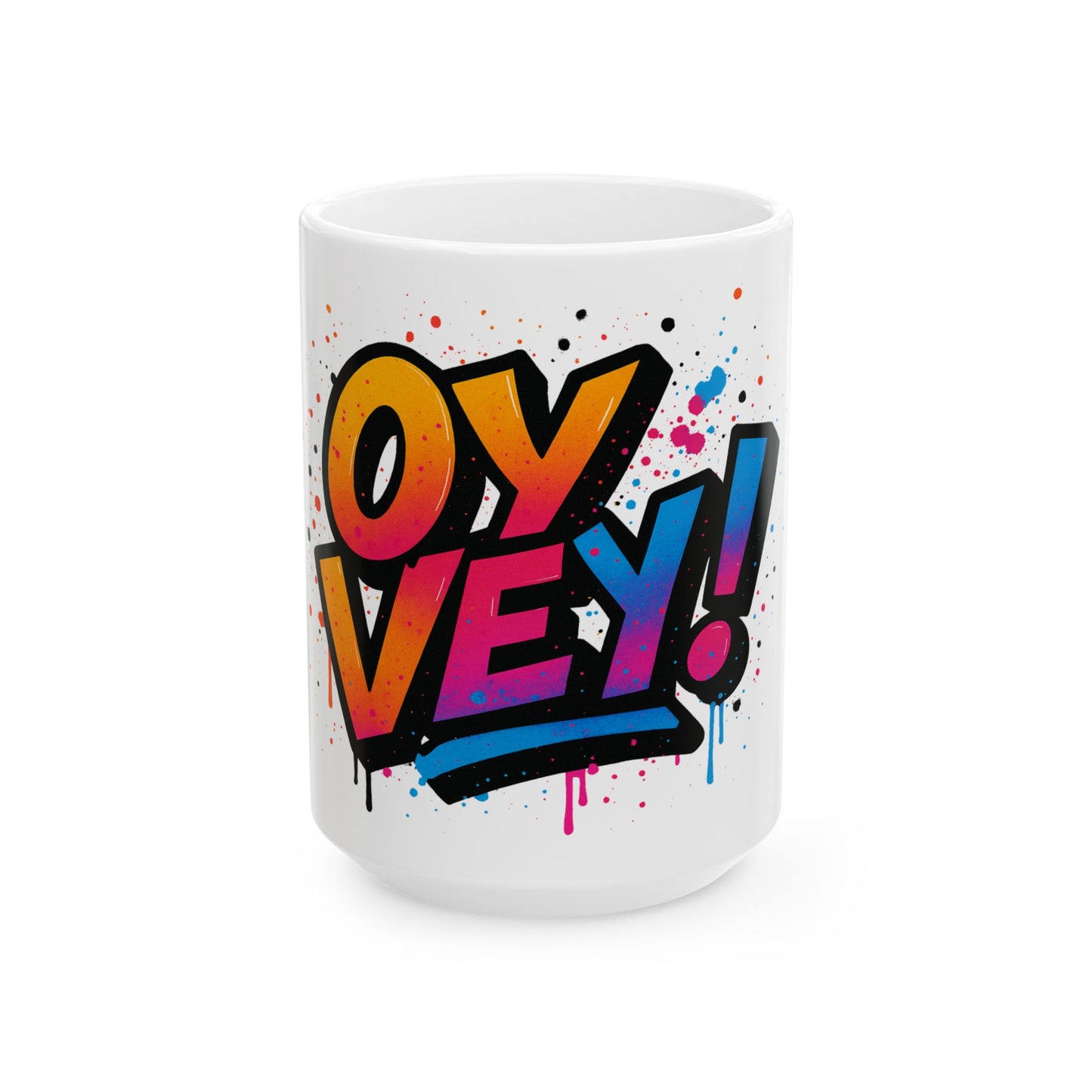 White mug with colorful 'OY Vey!' design on a white background