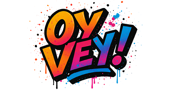 Colorful 'Oy Vey!' text with splashes on a white background