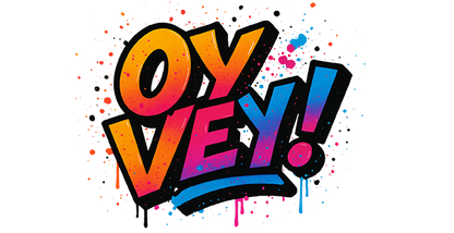 Colorful 'Oy Vey!' text with splashes on a white background
