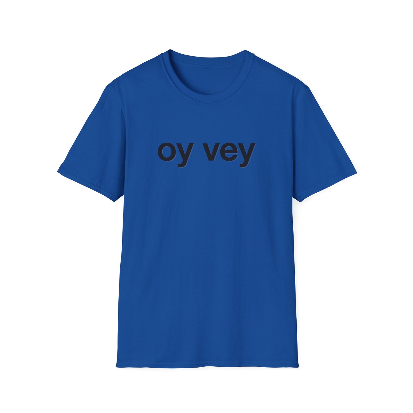 Blue t-shirt with 'oy vey' text on a white background