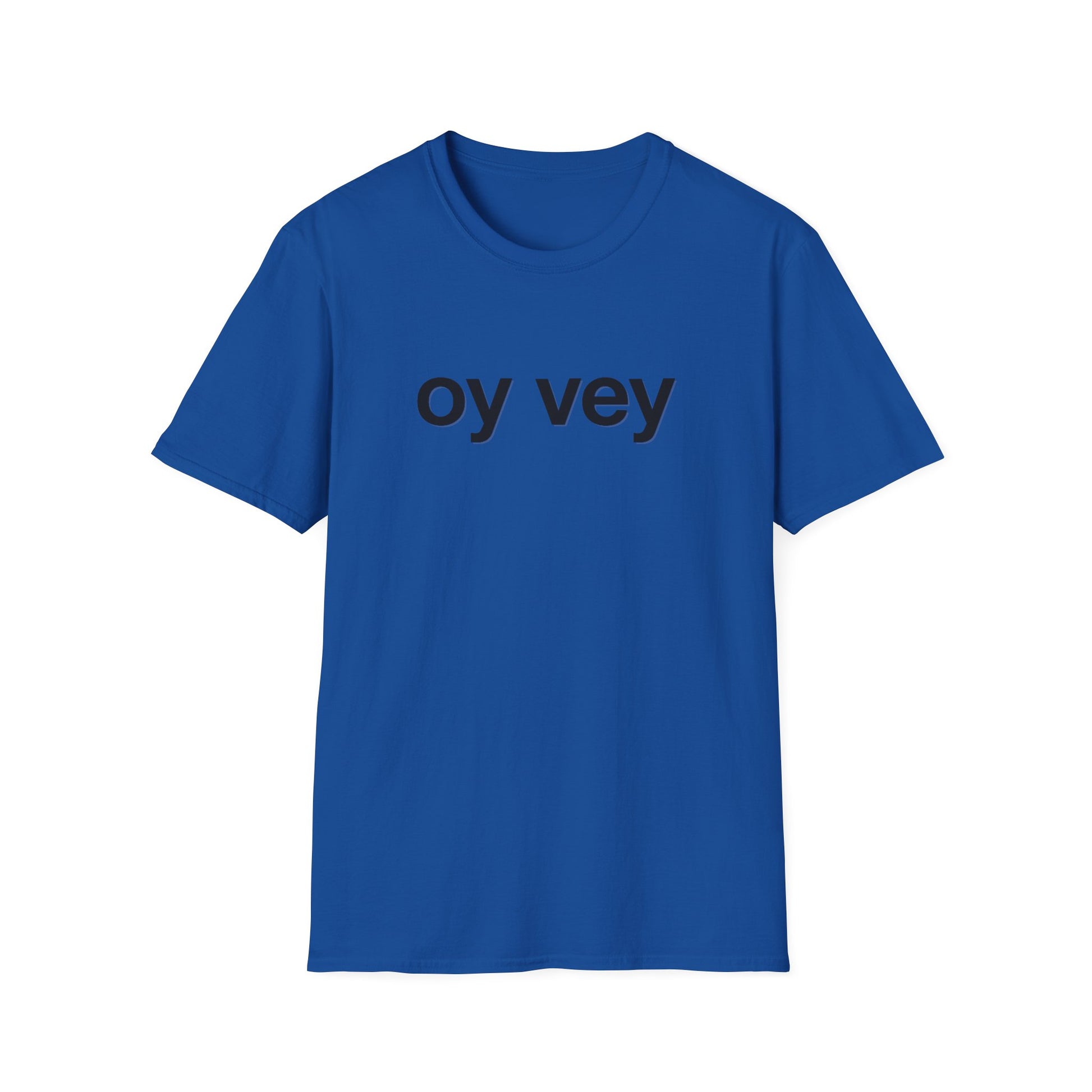 Blue t-shirt with 'oy vey' text on a white background