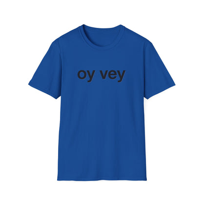 Blue t-shirt with 'oy vey' text on a white background