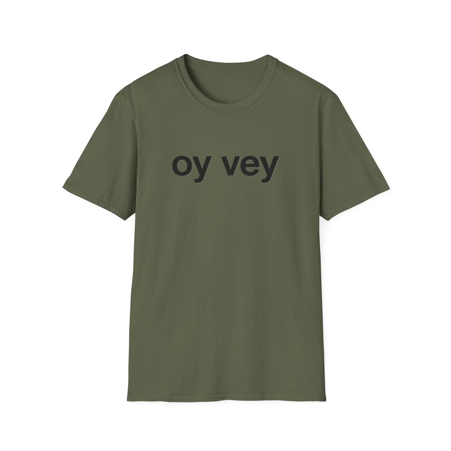 Green t-shirt with 'oy vey' text on a white background