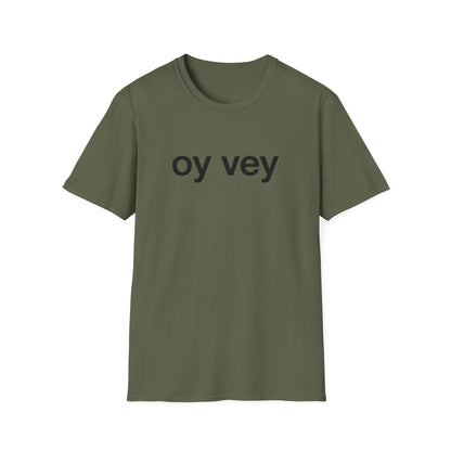 Green t-shirt with 'oy vey' text on a white background