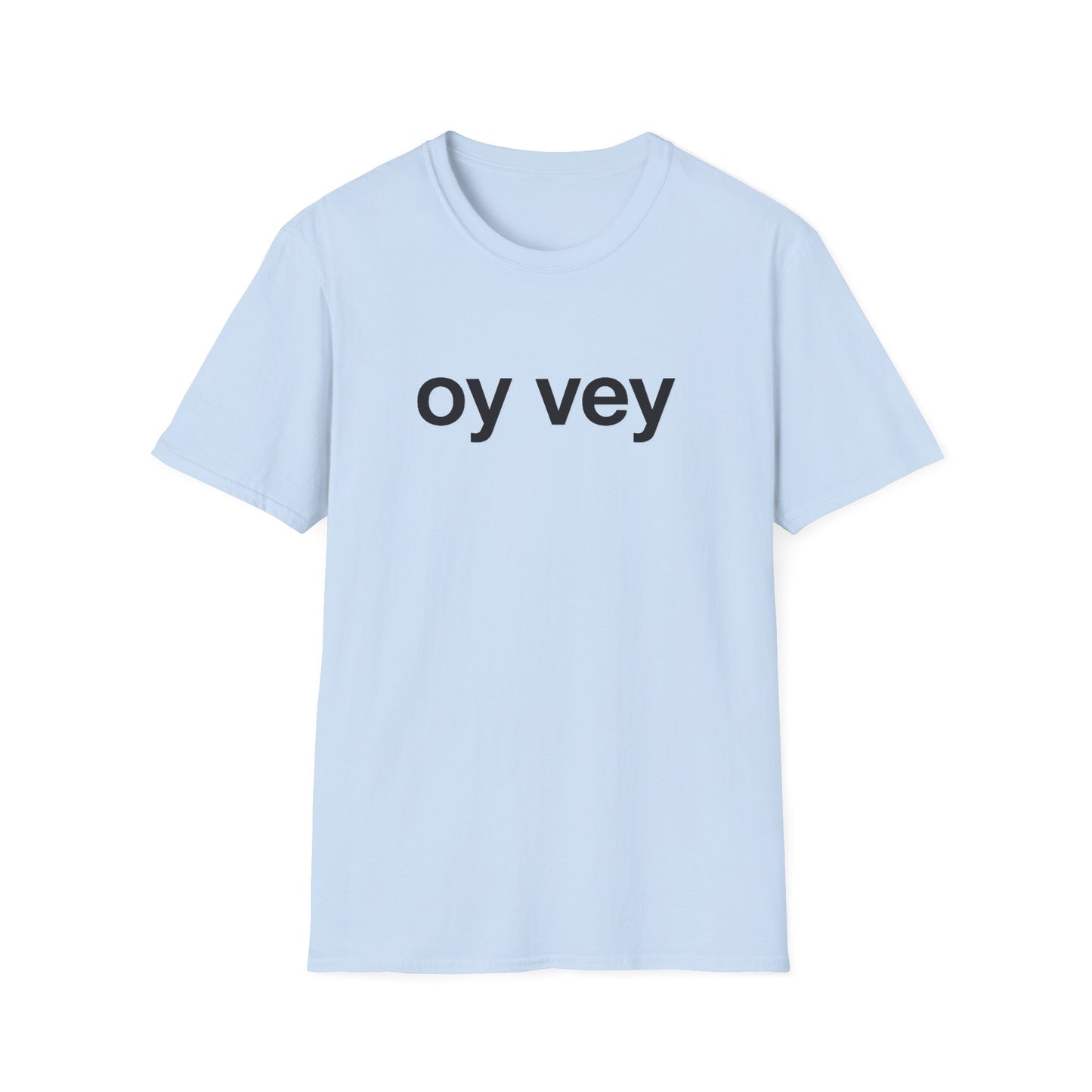 Light blue t-shirt with 'oy vey' text on a white background