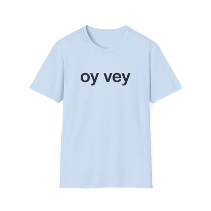Light blue t-shirt with 'oy vey' text on a white background