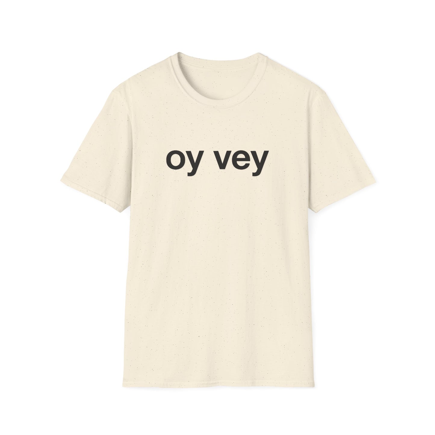 Beige t-shirt with 'oy vey' text on a white background